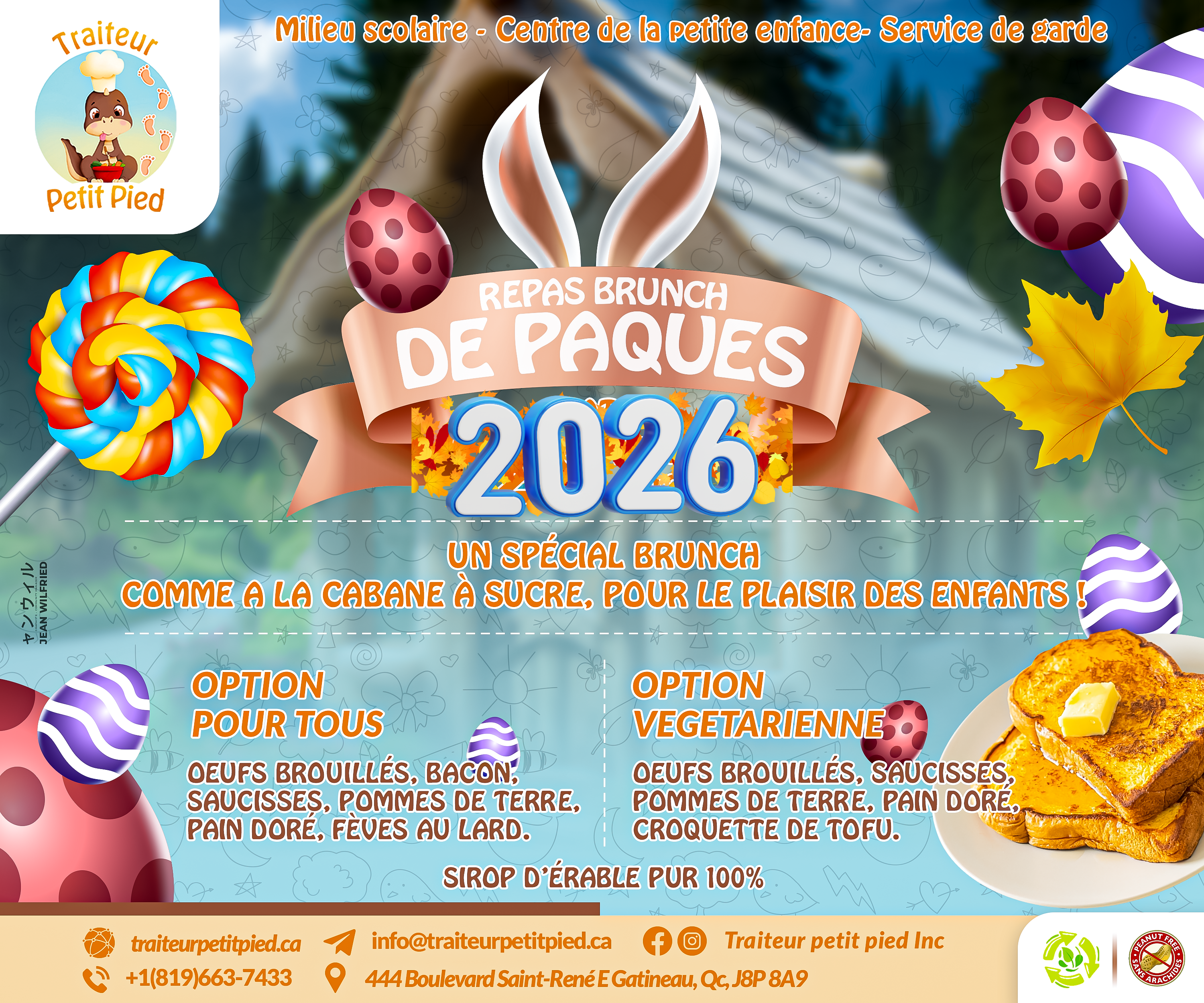 Spécial BRUNCH de pâques végétarien>Pain doré, oeufs brouillés, croquette de tofu, pommes de terre, sirop d'érable 100%